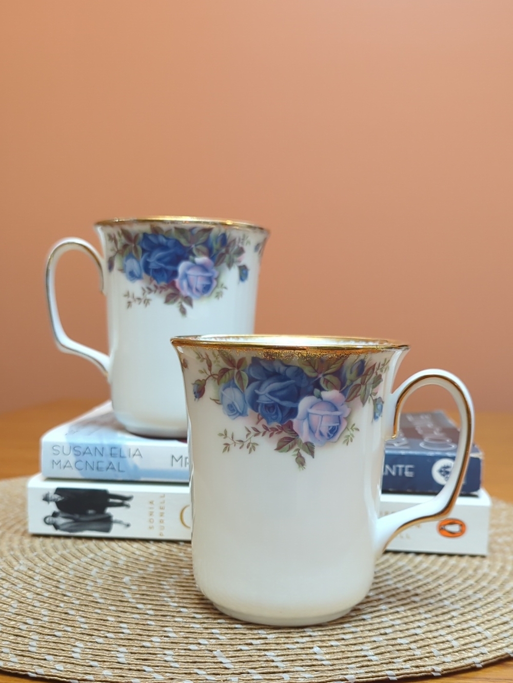 Royal Albert Moonlight Rose Floral Bone China Mugs with Gold Trim - Pair